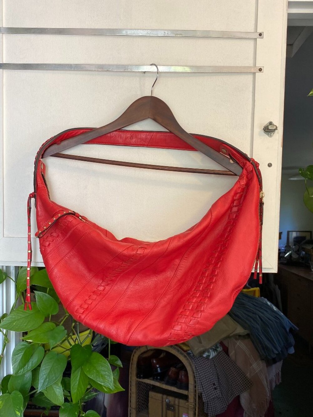 Red Leather OrYany Slouchy Hobo Purse Bag Woven Detailing